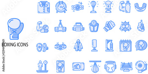 Boxing simple concept 28 colour icons set. Contains such boxings gloves icon, The boxing icon. Sport symbol. Collection of Boxing Gloves, punching glove .Vector illustration.