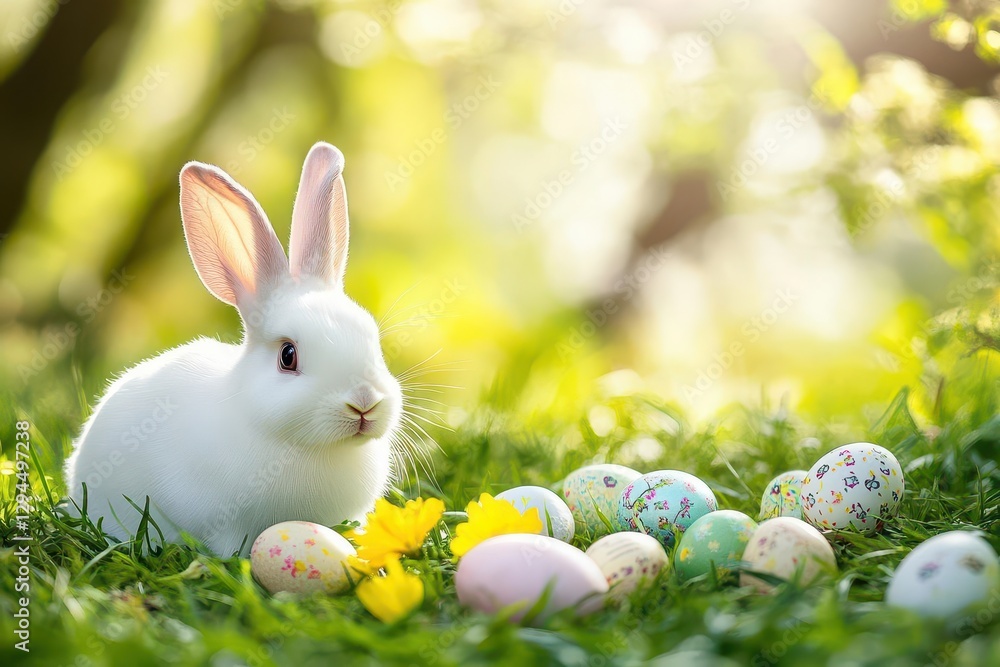 Fototapeta premium Playful Easter Bunny Surrounded by Colorful Decorative Eggs in Springtime Garden