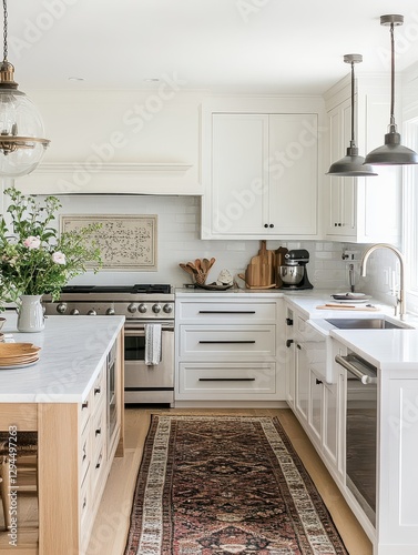 The photo shows a modern and bright kitchen with a rug