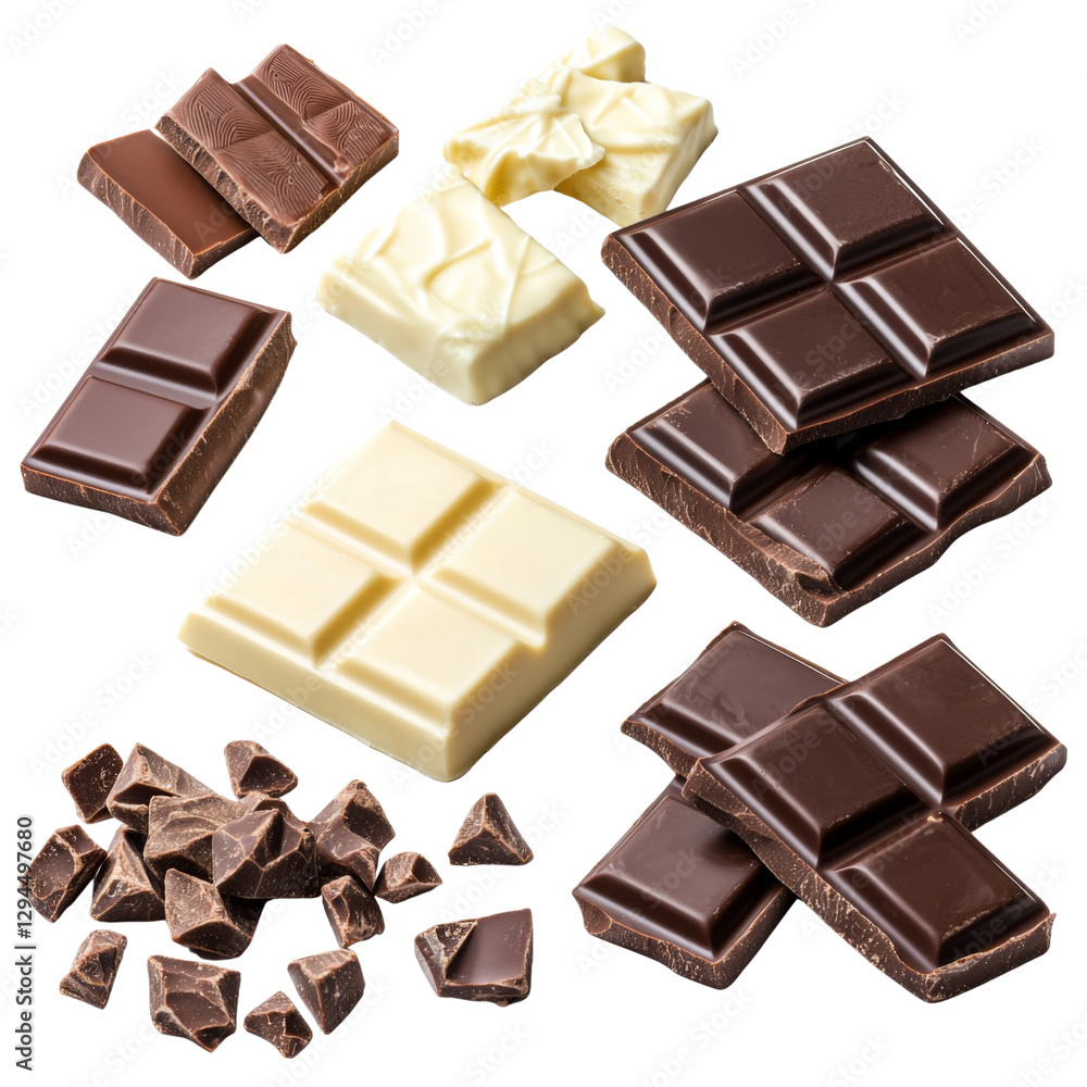 Delicious assortment of cho te bars and pieces, including dark, milk, and white cho te, showcasing various textures and shapes, perfect for dessert lovers Delicious assortment of cho te bars and pieces, including dark, milk, and white cho te, showcasing various textures and shapes, perfect for dessert lovers