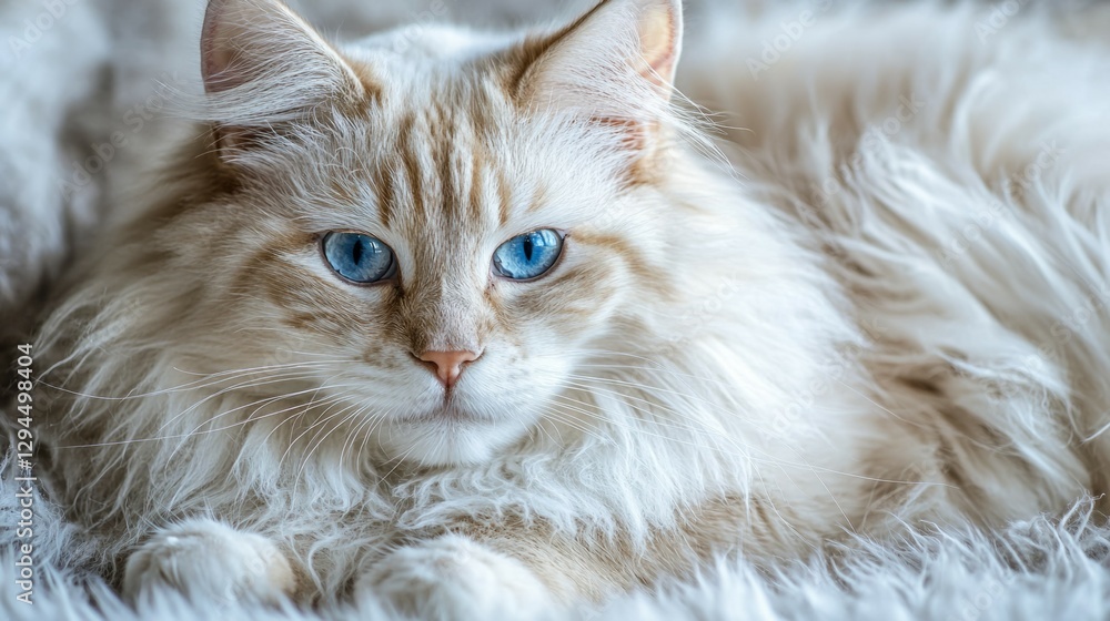Fluffy Cat with Blue Eyes Resting on Soft White Blanket Fluffy Cat with Blue Eyes Resting on Soft White Blanket