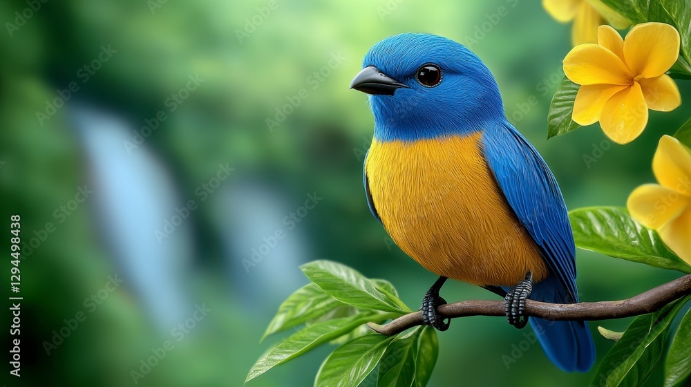 Obraz premium Exotic bird perched on a flowering branch in a lush jungle with a waterfall and misty background