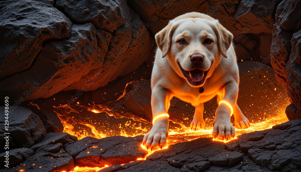 Joyful dog with glowing molten bands emerging from lava flows in a volcanic landscape Joyful dog with glowing molten bands emerging from lava flows in a volcanic landscape
