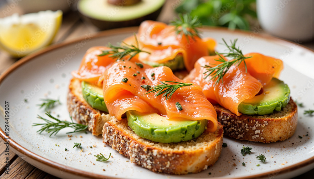 Avocado toast topped with smoked salmon on rustic plate, gourmet delight Avocado toast topped with smoked salmon on rustic plate, gourmet delight