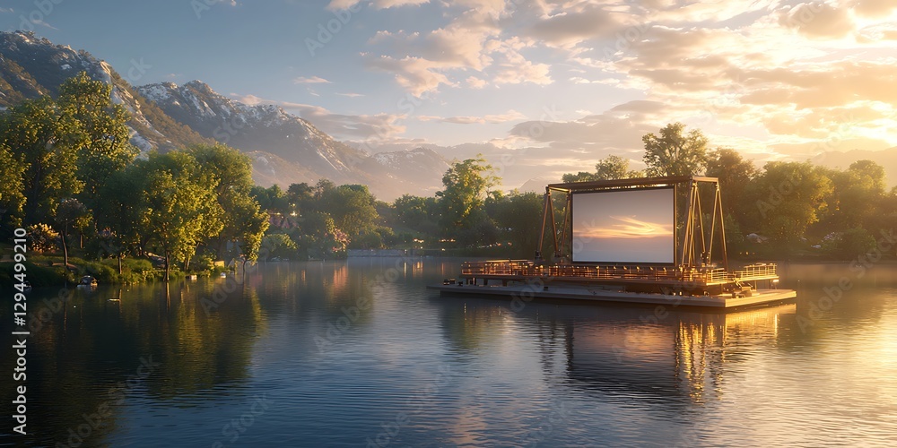 Floating Cinema Experience on a Tranquil Lake at Sunset offering a peaceful recreation in nature Floating Cinema Experience on a Tranquil Lake at Sunset offering a peaceful recreation in nature