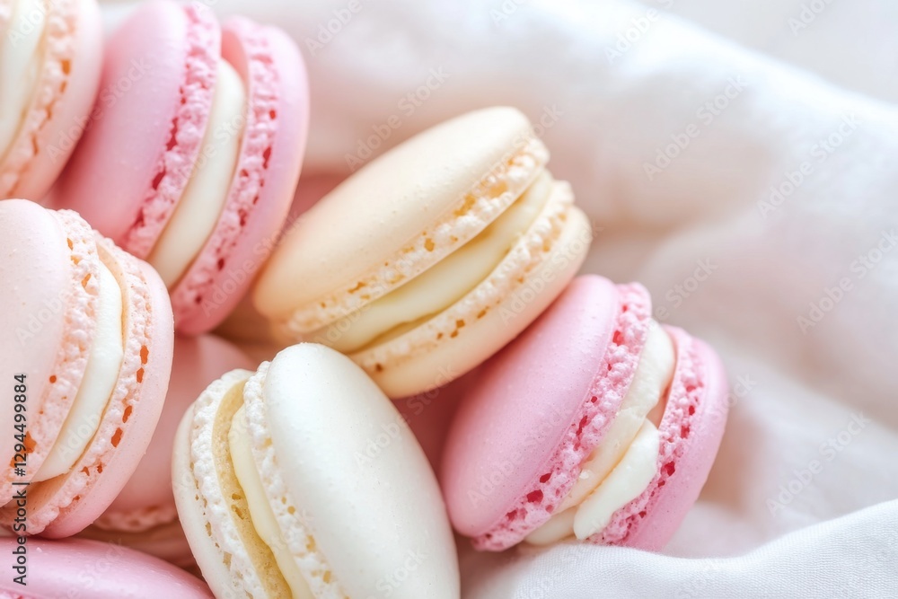 Colorful macaron pastries arranged beautifully on a soft fabric background perfect for dessert lovers and pastry enthusiasts Colorful macaron pastries arranged beautifully on a soft fabric background perfect for dessert lovers and pastry enthusiasts