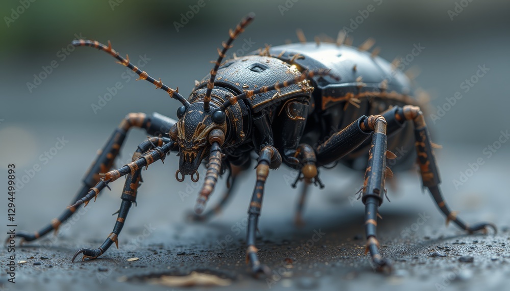Fototapeta premium Cybernetic Insectoid Robot Crawling on a Surface with Realistic Joints and Segments