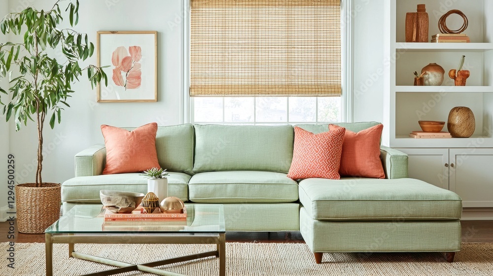 Fototapeta premium Modern Living Room with Mint Sofa and Stylish Decor Elements