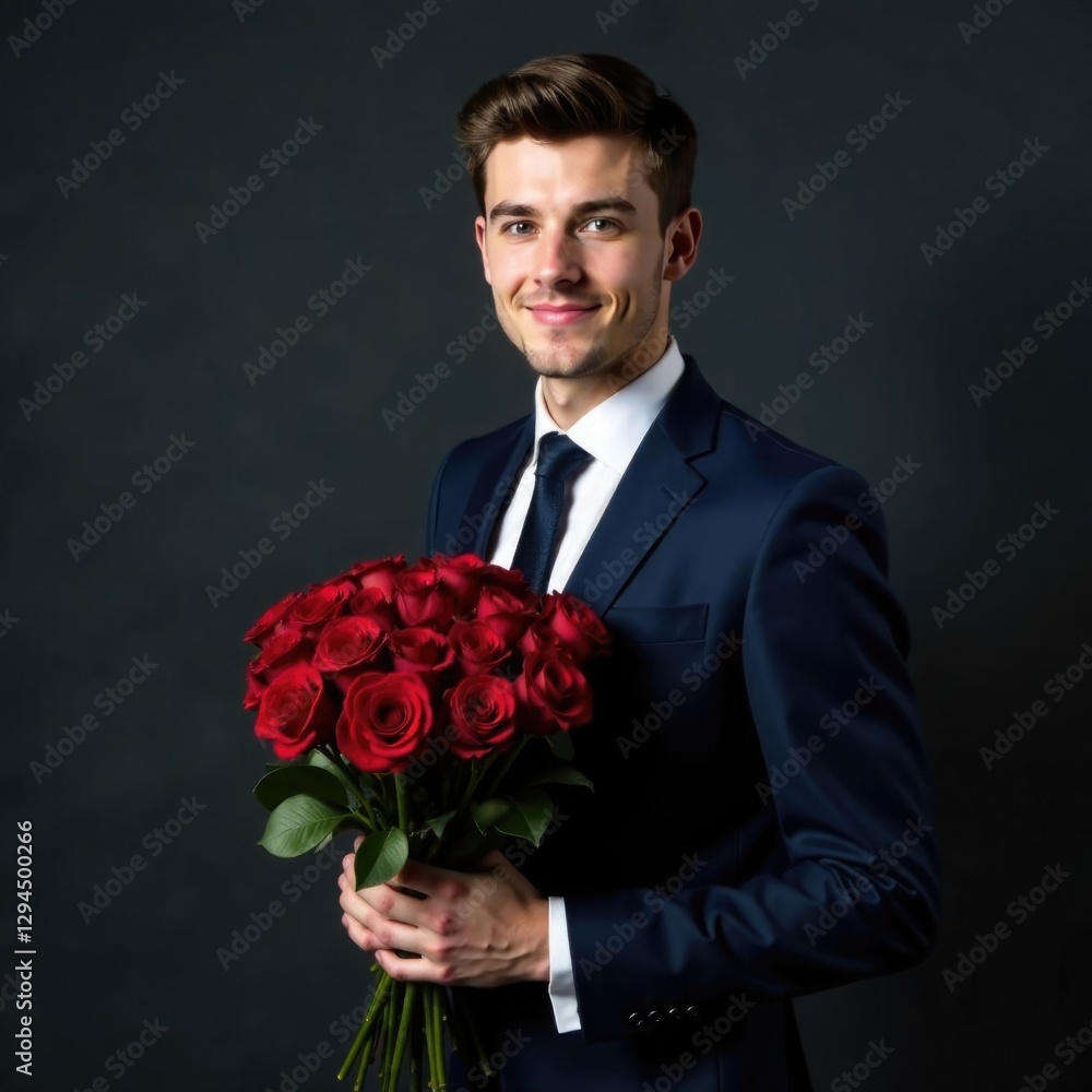 A handsome man in a suit and white shirt stands with a bouquet of roses on a dark background with space for text. Flower gifts, bouquet and flower delivery, business, banner, greetings, women's day A handsome man in a suit and white shirt stands with a bouquet of roses on a dark background with space for text. Flower gifts, bouquet and flower delivery, business, banner, greetings, women's day