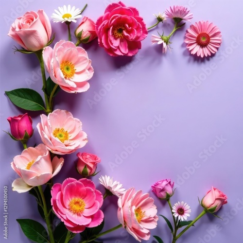 Beautiful pink and white flowers on lilac background with free space for text. Women's day, mother's day, greeting card, space for text, banner, greetings, florist services, business, event invitation
