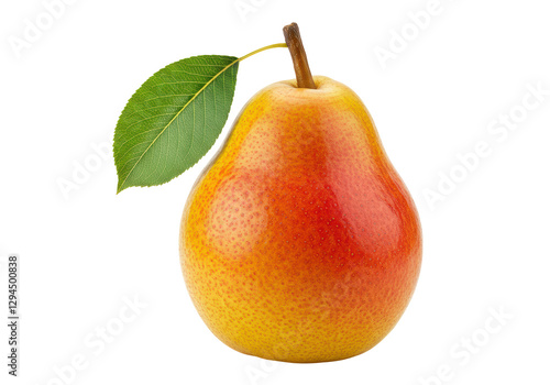 Isolated Single Red Pear with Green Leaf