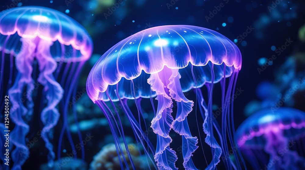 Bioluminescent Jellyfish Glowing in Neon Blue and Purple Light Bioluminescent Jellyfish Glowing in Neon Blue and Purple Light
