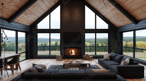 Cozy Modern Living Room with Fireplace and Scenic Mountain View