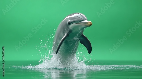 Dolphin leaping, green screen, water splash, ocean background, aquatic wildlife imagery