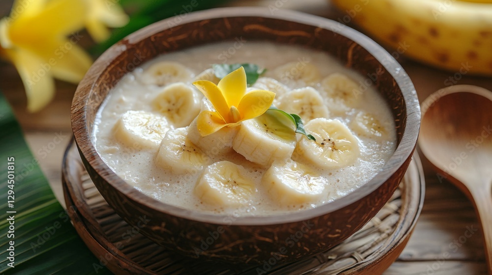 Delicious Banana Dessert in Coconut Bowl with Yellow Flower Garnish Delicious Banana Dessert in Coconut Bowl with Yellow Flower Garnish