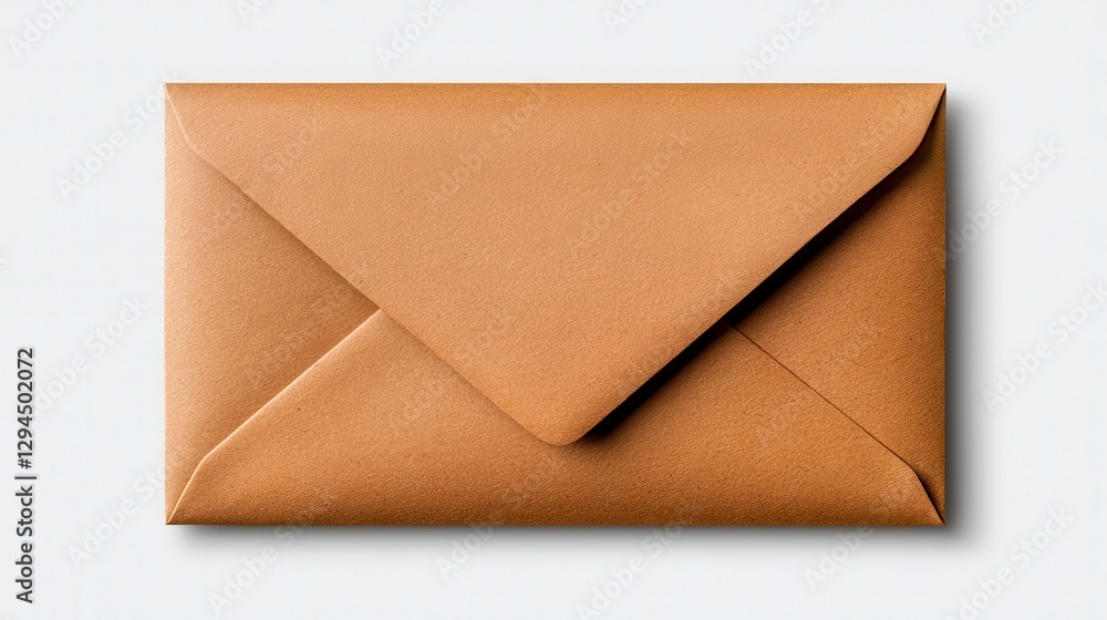 Open brown envelope containing a white paper document with a triangular flap on a plain background Open brown envelope containing a white paper document with a triangular flap on a plain background