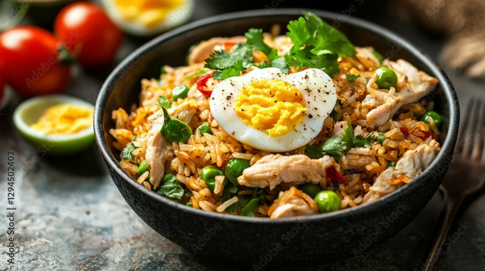 Delicious Chicken Fried Rice with Egg and Fresh Vegetables Delicious Chicken Fried Rice with Egg and Fresh Vegetables
