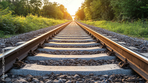 Railway tracks receding into the distance, bathed in the golden light of sunset, evoke feelings of journey, hope, and the allure of distant horizons.