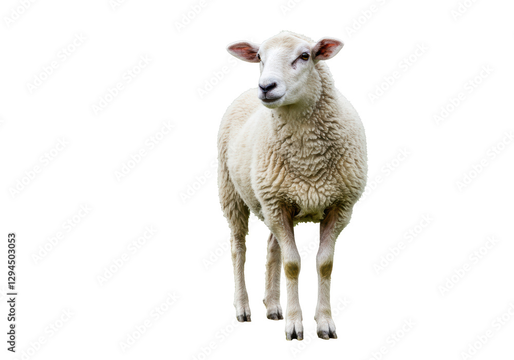 Isolated Full View of a White Woolly Sheep Standing, Farm Animal Isolated Full View of a White Woolly Sheep Standing, Farm Animal