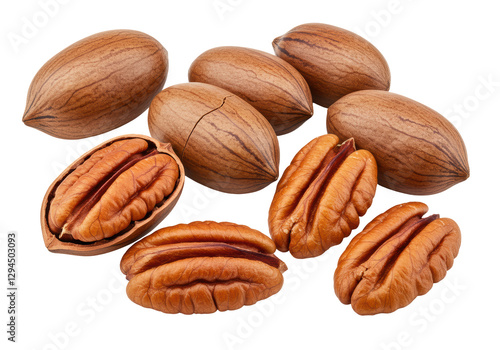 Isolated Arrangement of Whole and Halved Pecan Nuts, Rich Texture