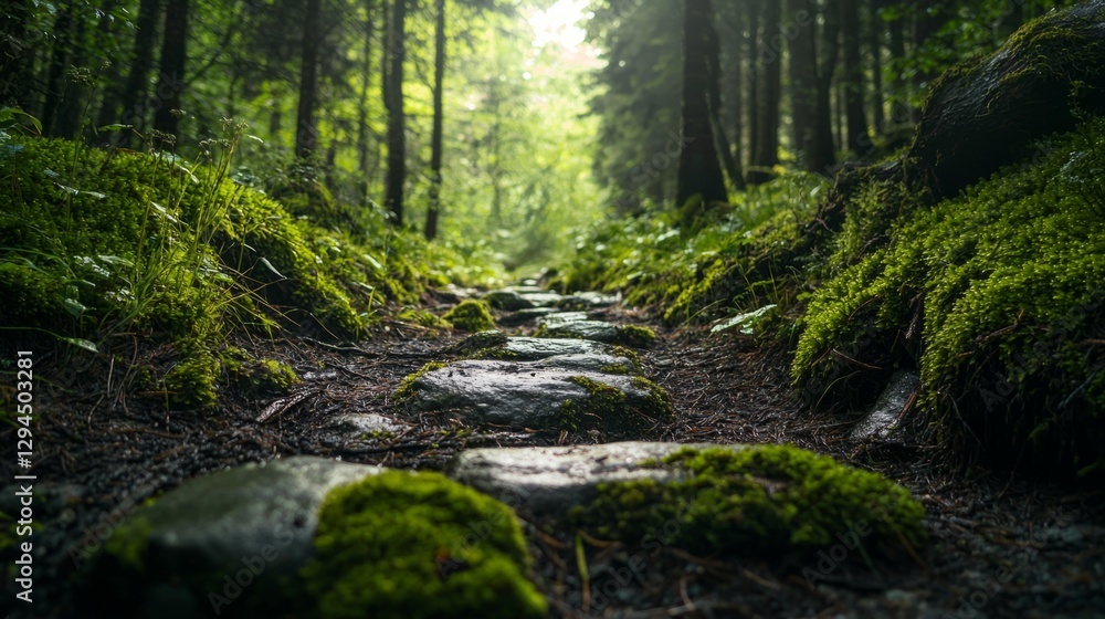 Serene Forest Pathway Surrounded by Lush Greenery and Light Serene Forest Pathway Surrounded by Lush Greenery and Light