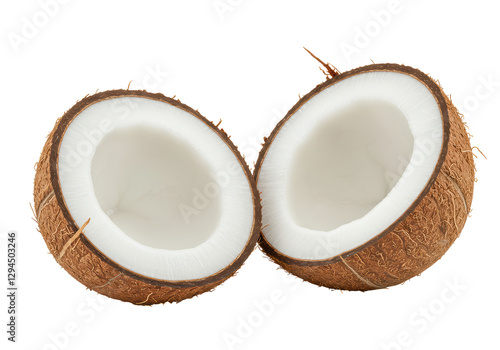 Isolated Halved Coconut Showing White Flesh and Textured Shell