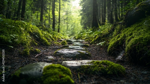 Serene Forest Pathway Surrounded by Lush Greenery and Light