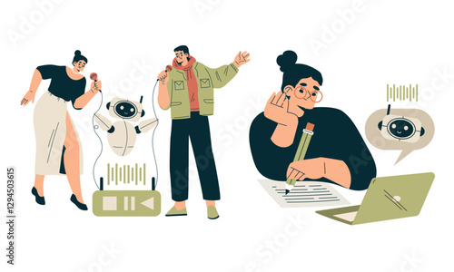 Artificial Intelligence Technology with People Character Interacting with Smart Bot Vector Set