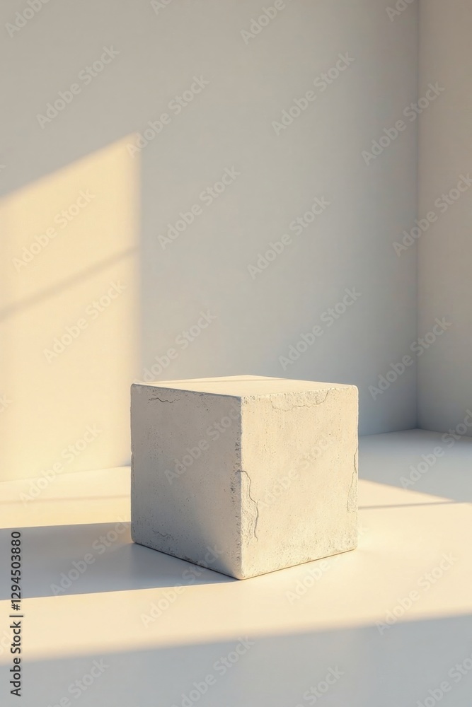 A simple, textured cube rests on a pristine, light-colored surface bathed in the soft glow of natural sunlight filtering through a nearby window. A simple, textured cube rests on a pristine, light-colored surface bathed in the soft glow of natural sunlight filtering through a nearby window.