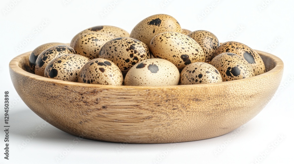 Obraz premium Wooden bowl filled with speckled quail eggs on white background