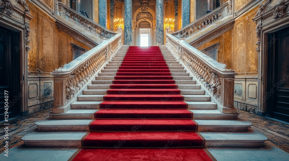 Obraz premium Majestic Grand Staircase with Red Carpet in Luxurious Interior Design