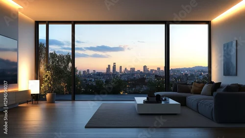 Obraz Modern living room with stunning sunset view over the city skyli