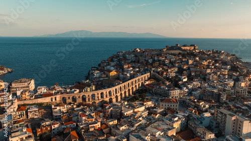Aerial view of Kavala Old Town, Kavala Bay and Kavala Fortress, Kavala, Greece, Europe