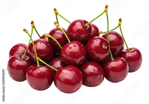 Isolated Pile of Fresh Ripe Cherries with Water Droplets