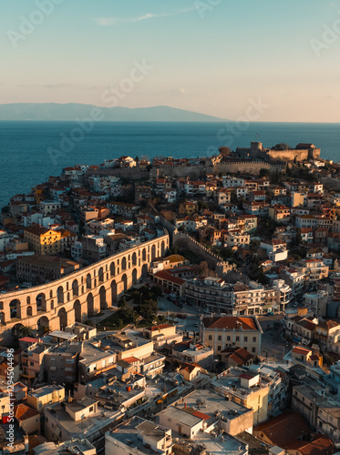 Aerial view of Kavala Old Town, Kavala Bay and Kavala Fortress, Kavala, Greece, Europe