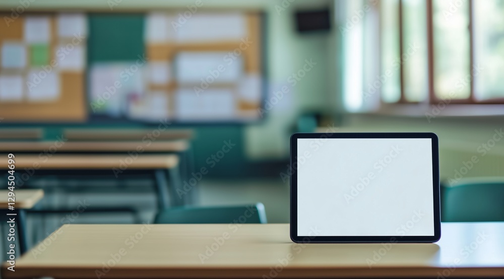 Fototapeta premium Tablet with blank screen on classroom desk representing education technology, digital learning, presentation mockup and modern school concept