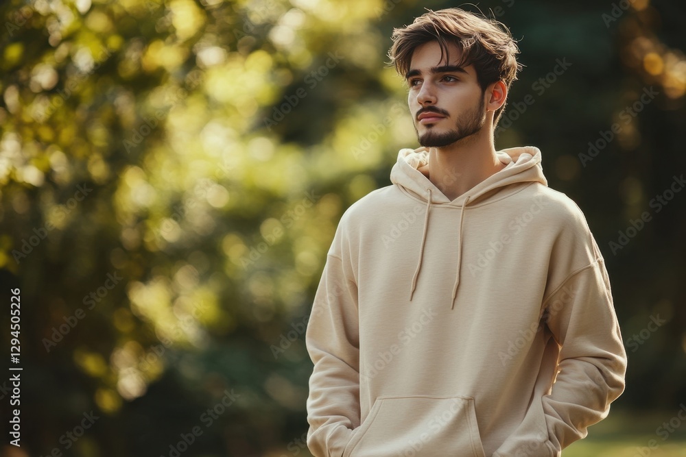 Fototapeta premium Male Model in Beige Hoodie Posing Outdoors Fashion Photography Natural Setting Full-Body Shot Contemporary