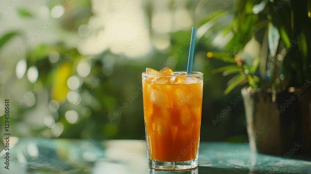 Refreshing Orange Beverage with Ice Cubes in a Sunlit Environment Refreshing Orange Beverage with Ice Cubes in a Sunlit Environment