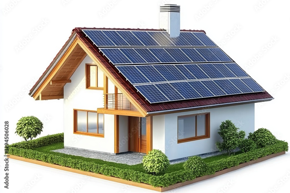 Eco-Friendly House 3D Render of Solar Panel Roof, Sustainable Home Design, energy efficient, solar energy solar power, green energy Eco-Friendly House 3D Render of Solar Panel Roof, Sustainable Home Design, energy efficient, solar energy solar power, green energy