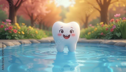  Animated tooth character in a clear pond with flowers and trees at sunset