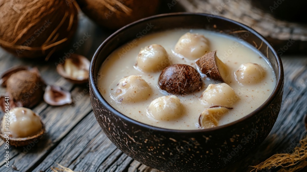 Delicious Dessert with Coconut, Sweet Balls, and Creamy Sauce Delicious Dessert with Coconut, Sweet Balls, and Creamy Sauce