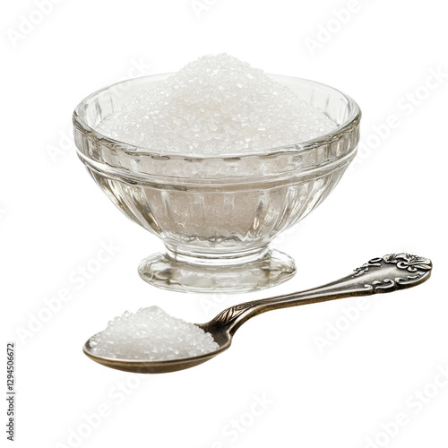 Delicate sugar crystals in glass bowl with silver spoon, perfect for sweetening dishes. This captures essence of culinary sweetness and elegance