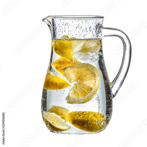 Refreshing pitcher of water with lemon slices, perfect for hydration and summer gatherings. condensation on glass adds cool touch to this vibrant drink