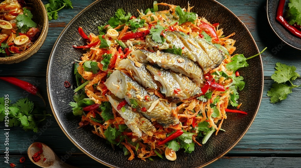 Freshly Grilled Fish Served on Colorful Salad with Herbs and Vegetables