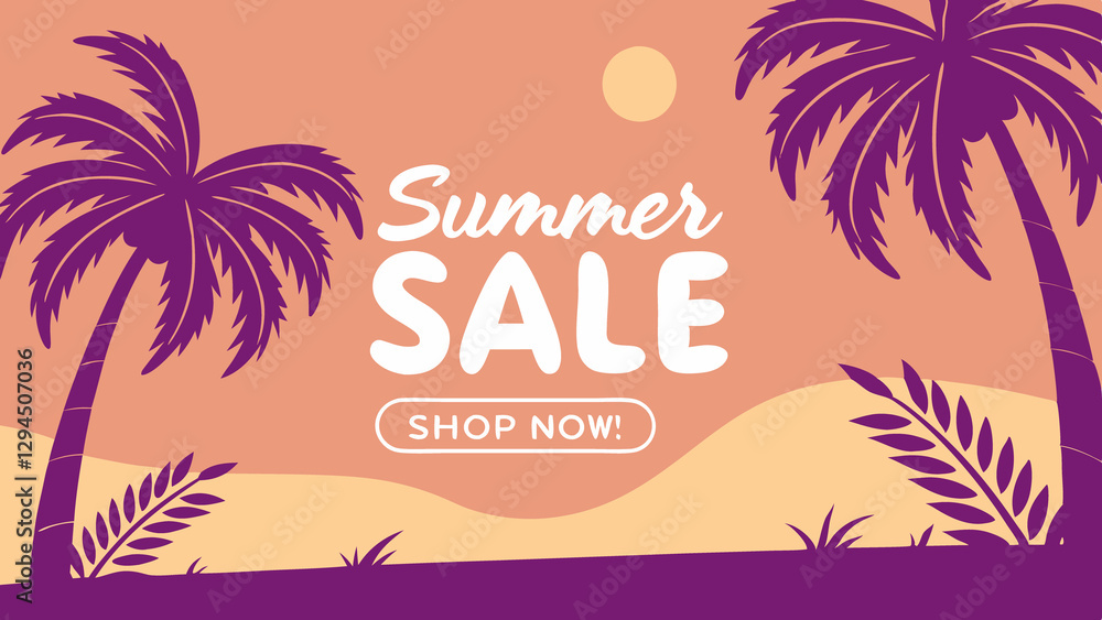 Obraz premium Summer Sale Banner Vector – Tropical Sunset Gradient, Palm Silhouettes & Urgent Promo Text for Seasonal Marketing, Summer Sale Banner, Beach Vibes Sale Banner