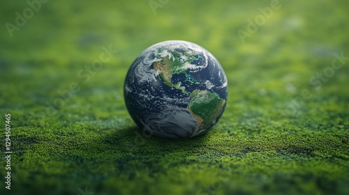 Earth globe on moss, green background, environmental concept, sustainability