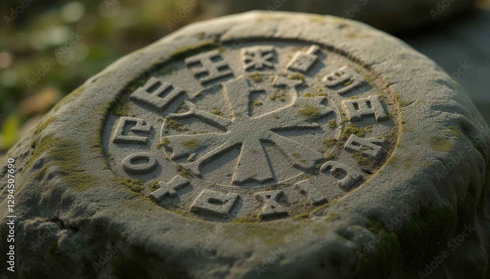 Obraz premium Engraved Viking Runes on an Aged Stone Surface with Moss