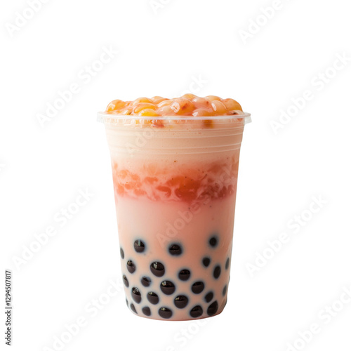 Delicious bubble tea with colorful layers and tapioca pearls, perfect for refreshing treat. Enjoy blend of flavors and textures in this vibrant drink