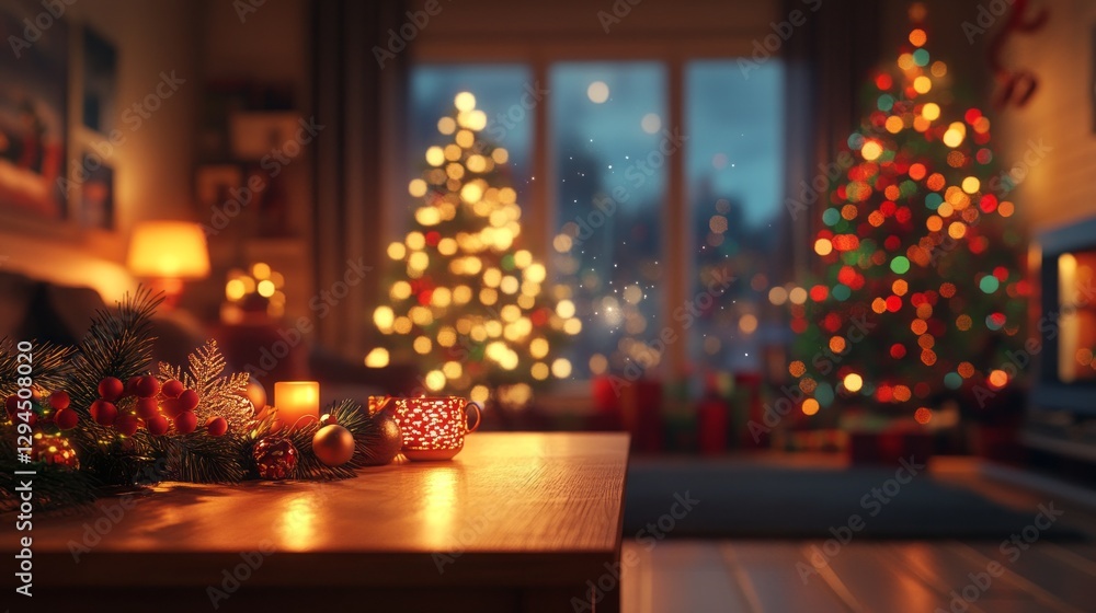 A warm and inviting Christmas living room features a light wooden table in front, illuminated by soft lighting, a decorated tree, and festive decor that evokes holiday cheer A warm and inviting Christmas living room features a light wooden table in front, illuminated by soft lighting, a decorated tree, and festive decor that evokes holiday cheer
