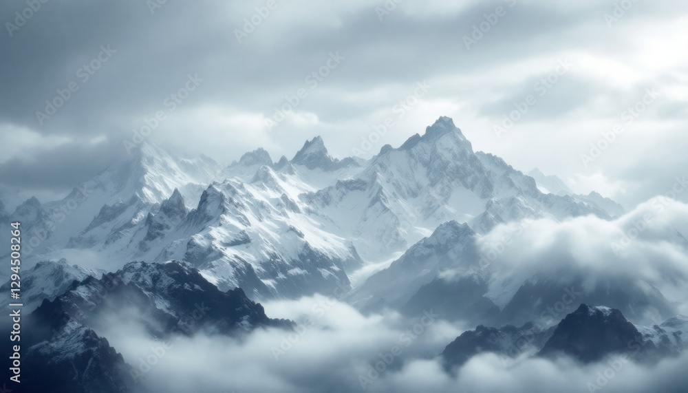 Majestic snow-capped mountain peaks shrouded in mysterious fog Majestic snow-capped mountain peaks shrouded in mysterious fog